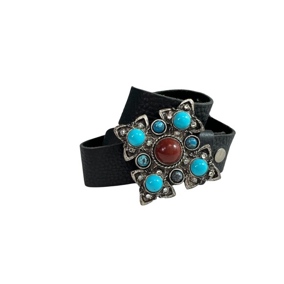 Vintage Leatherock Black Leather Belt w/ Ornate Buckle Cabochons & Crystals M/L